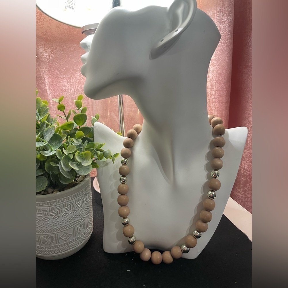 Medium Wooden and Gold Beaded Necklace Handcrafted Jewelry